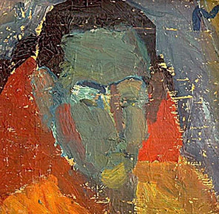 My brother on a red arm chair, oil on wood, 35 x 35 cm, 1972