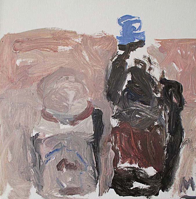 Black bottle and a glass bottle, acrylic on canvas, 30 x 30 cm, 2019