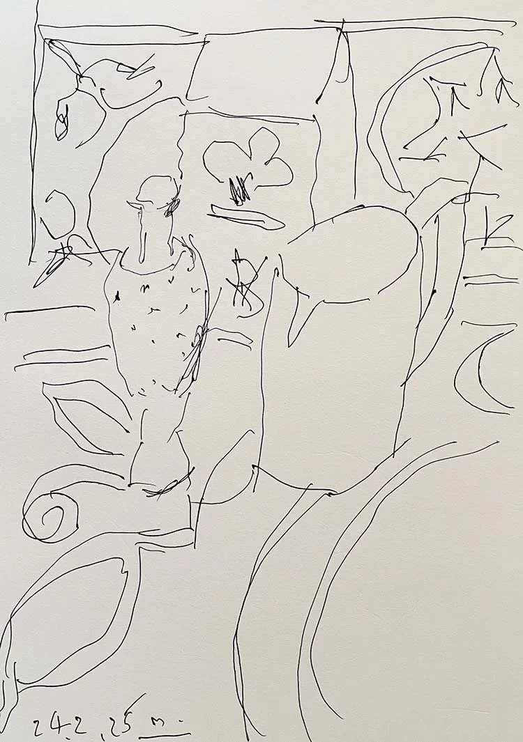 Vase mug and cube, ink drawing, 20 x 17 cm, 2026