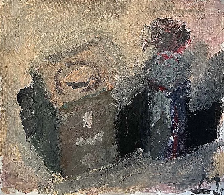 Blue bottle and cube, acrylic on canvas, 30 x 25 cm, 2025