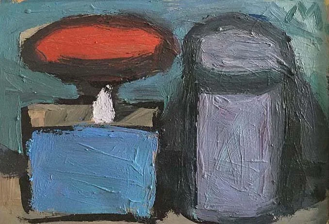 Still life with a red lid, oil on paper, 17 x 25 cm, 1989