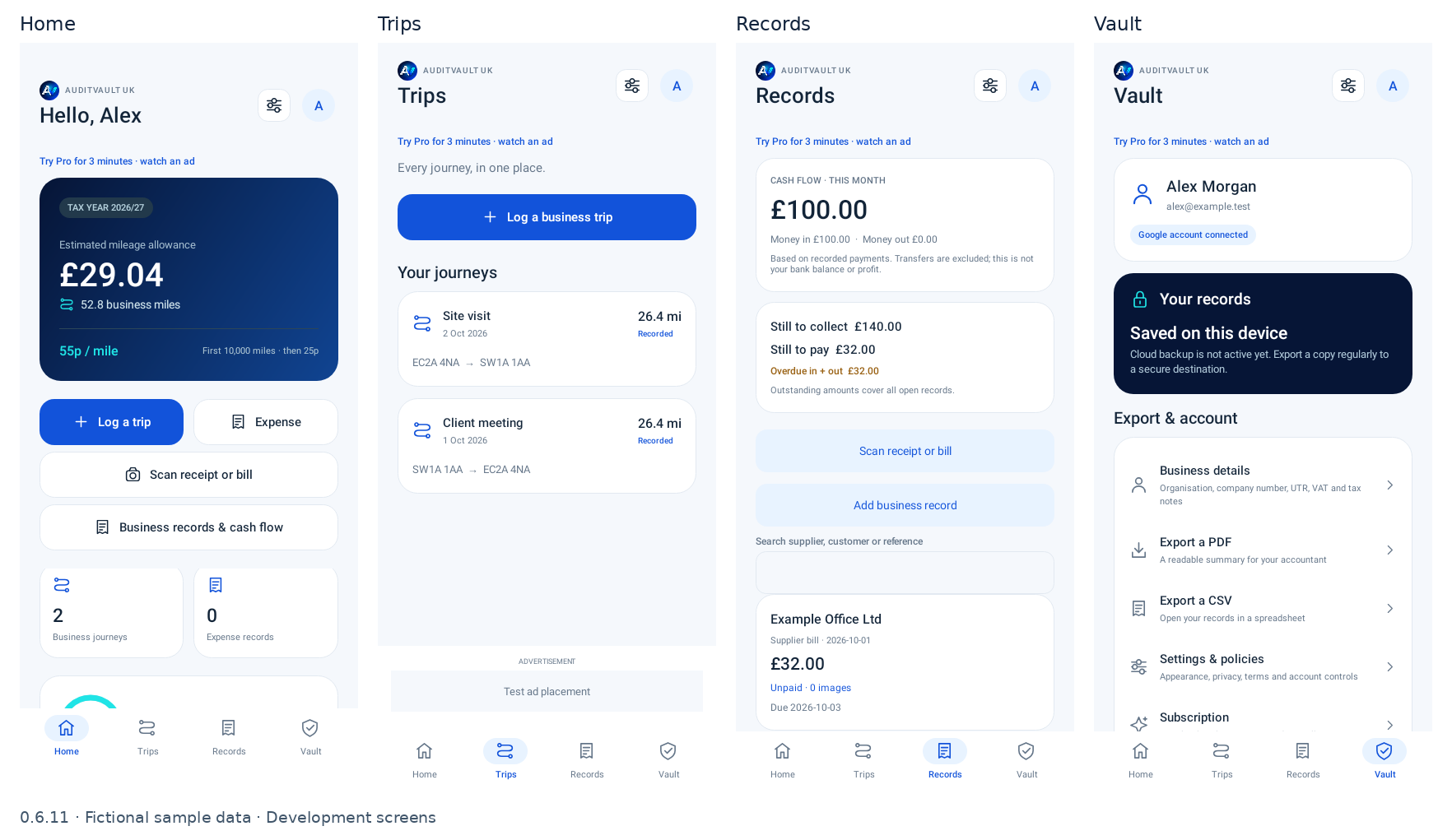 AuditVault UK 0.6.11 native app previews with circular AV logo: Home, Trips, Records and Vault. Fictional sample data. AI tab and chat box removed.