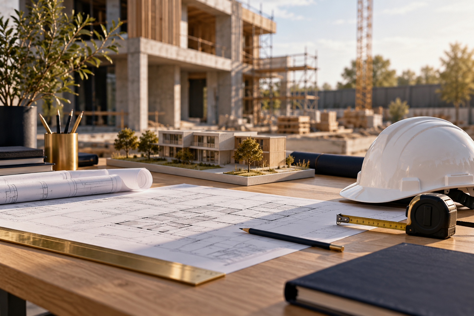 Construction planning concept with architectural drawings, building model and safety helmet
