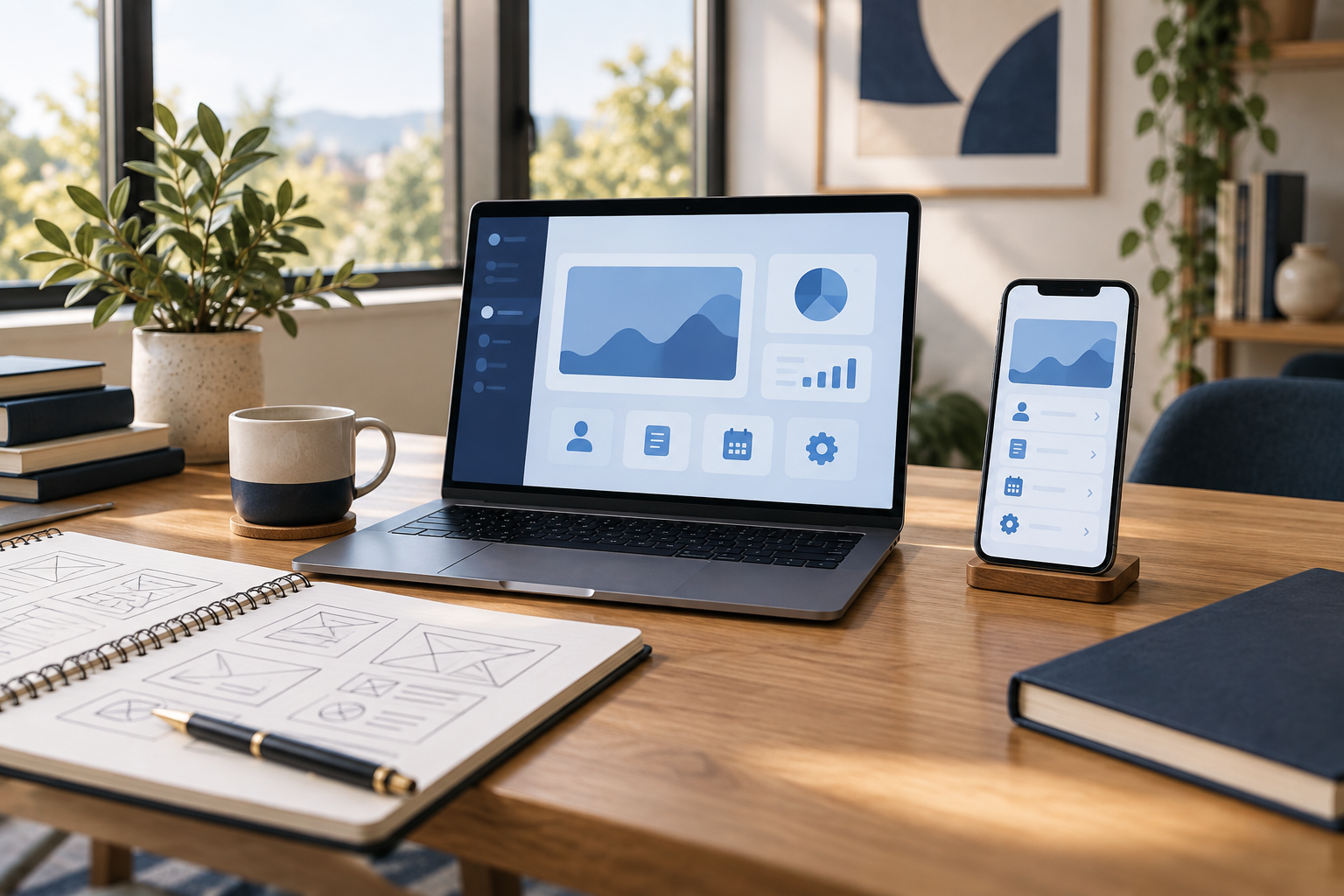 Illustrative app creation and digital management workspace with laptop and smartphone
