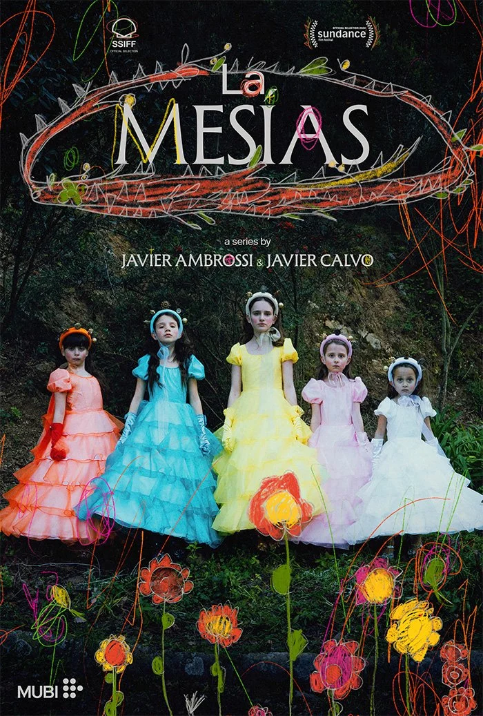 The cover of a book titled "La Mestiza" shows five young girls dressed in colorful, fancy dresses standing outdoors in a natural setting, with a dark sky background. Oversized floral and abstract designs are drawn over the photo on the cover.