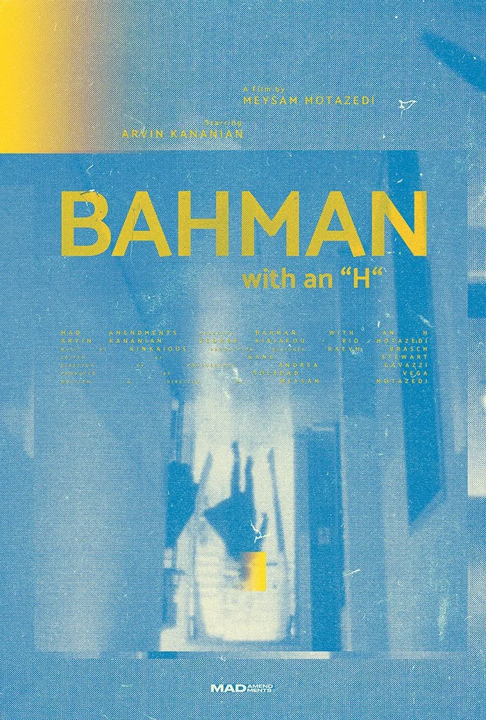 Poster for the play "Bahman with an 'H'" featuring actor names and production details, with a blue and yellow color scheme.