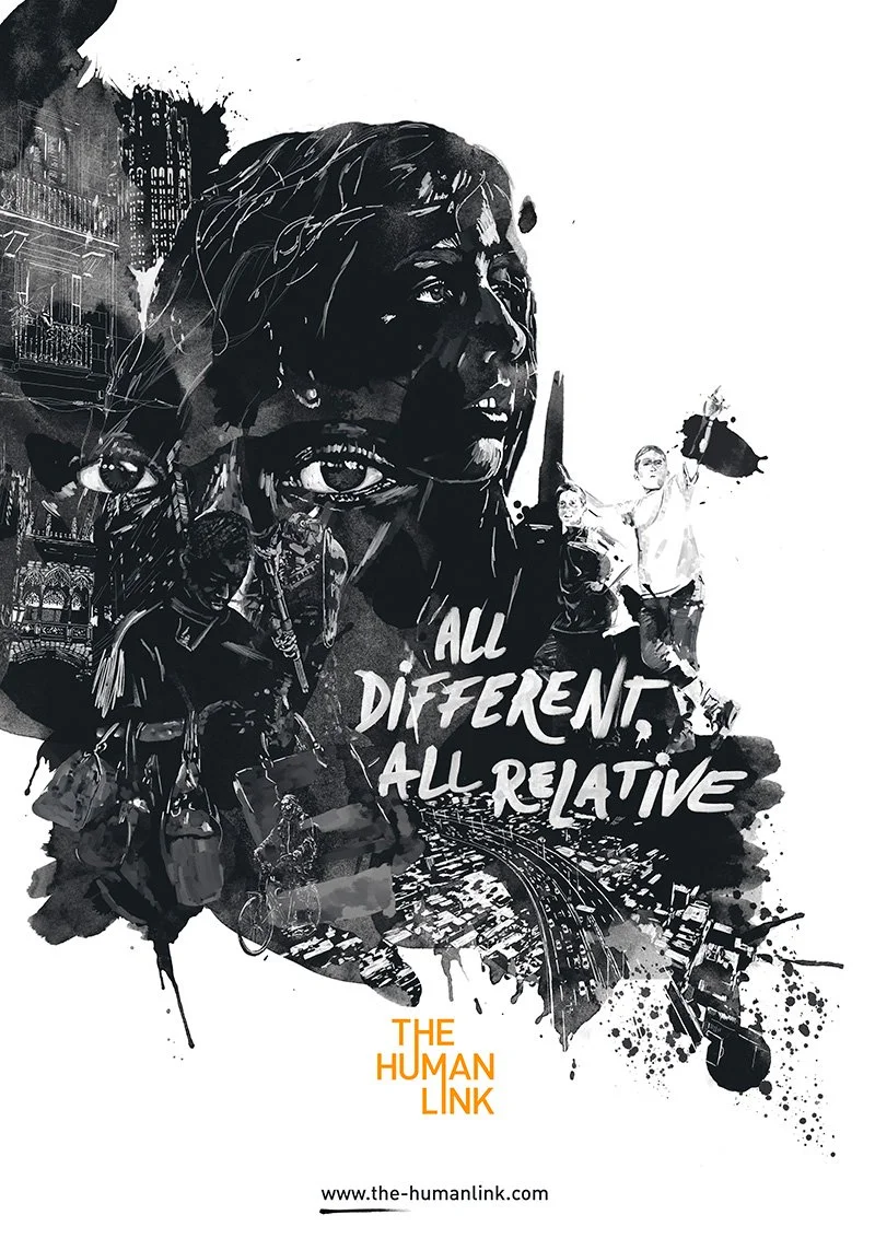 Black and white artistic poster featuring diverse human faces, including a large woman's face with emphasis on eyes, with other smaller figures, urban buildings, and a butterfly, along with the text 'All Different, All Relative' and 'The Human Link'.