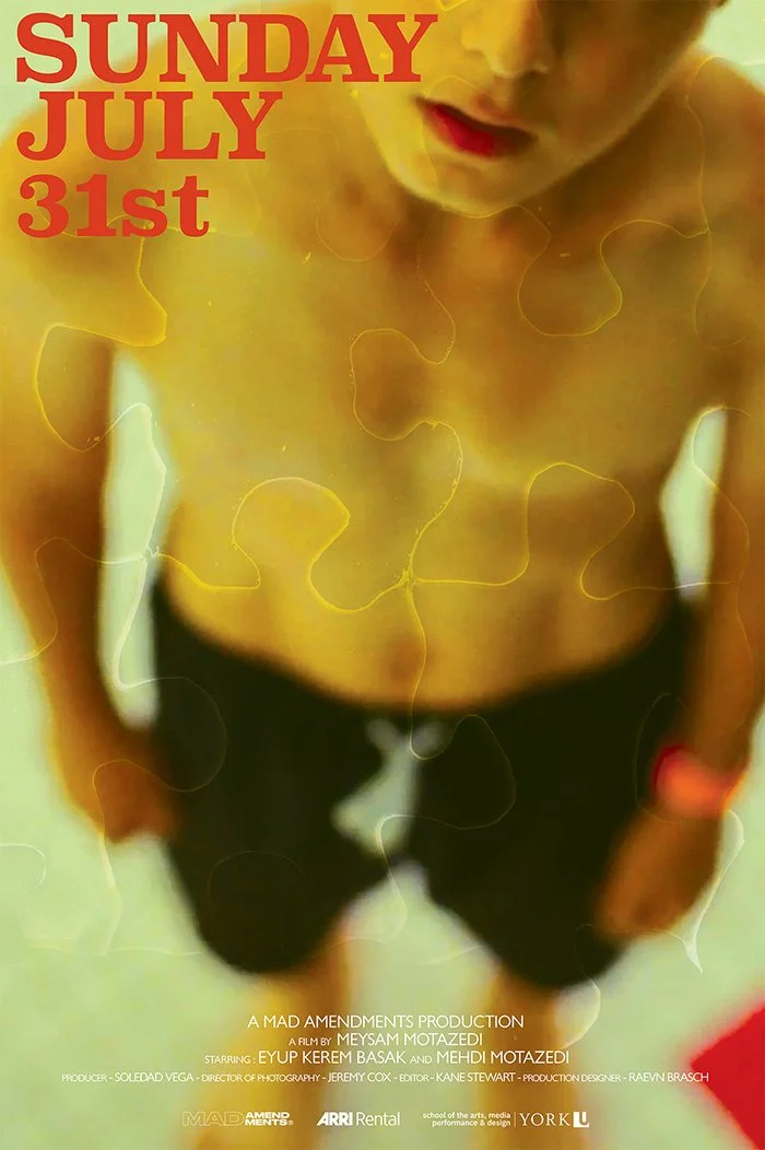 Poster for a film screening on Sunday, July 31st, with an abstract, blurred image of a topless woman with short hair, looking downward. The poster includes text details about the event and production.