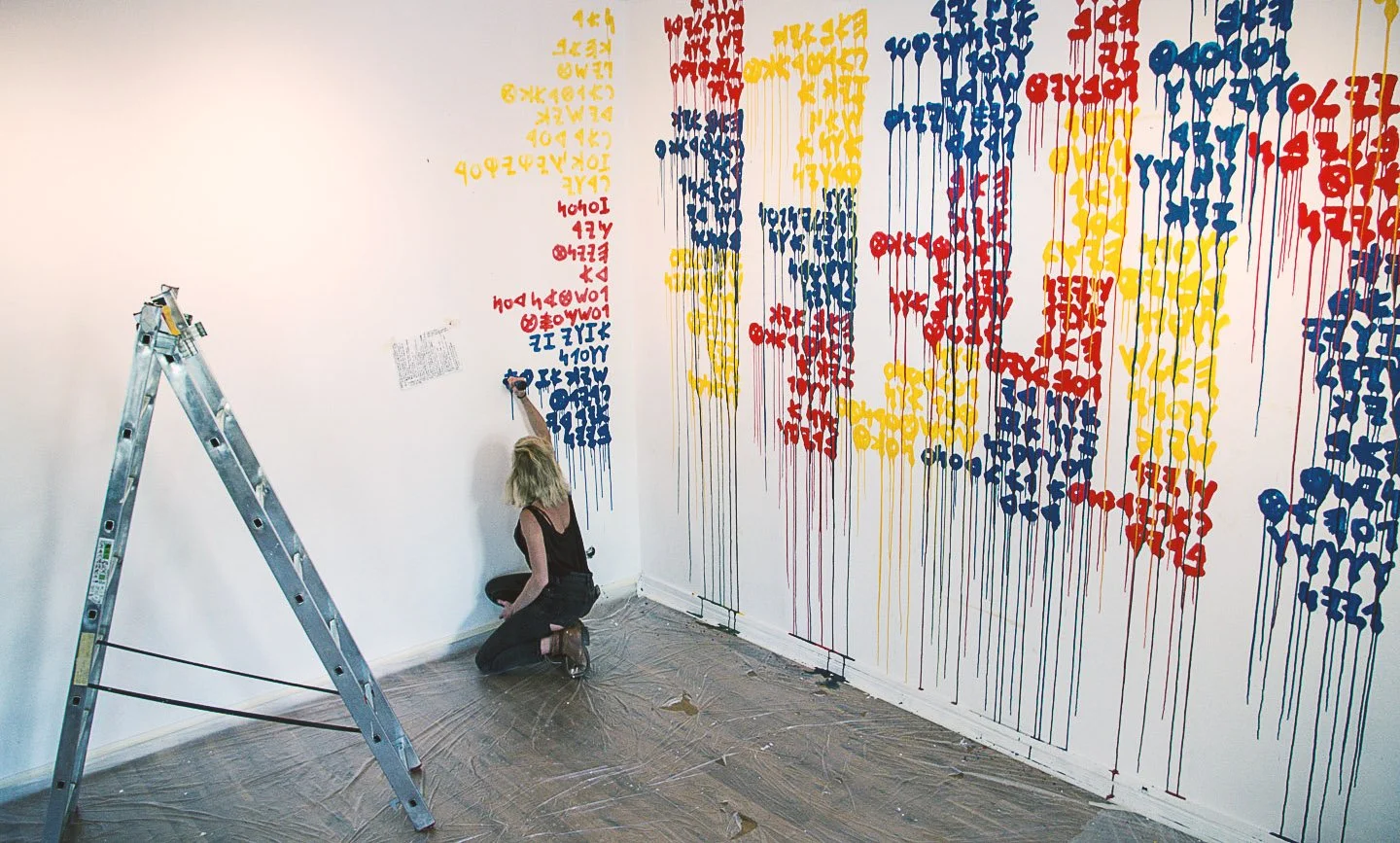My Paper Bridge. An interior mural in ancient Hebrew script. Zeit Zone Galerie, Berlin. 2019.
