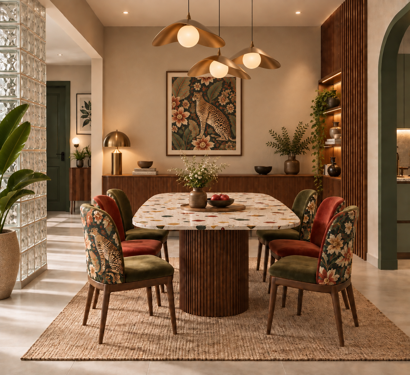 A dining room with six chairs around a round table, decorated with a vase of flowers and a bowl of apples, featuring tropical-style patterned upholstery and modern pendant lighting.