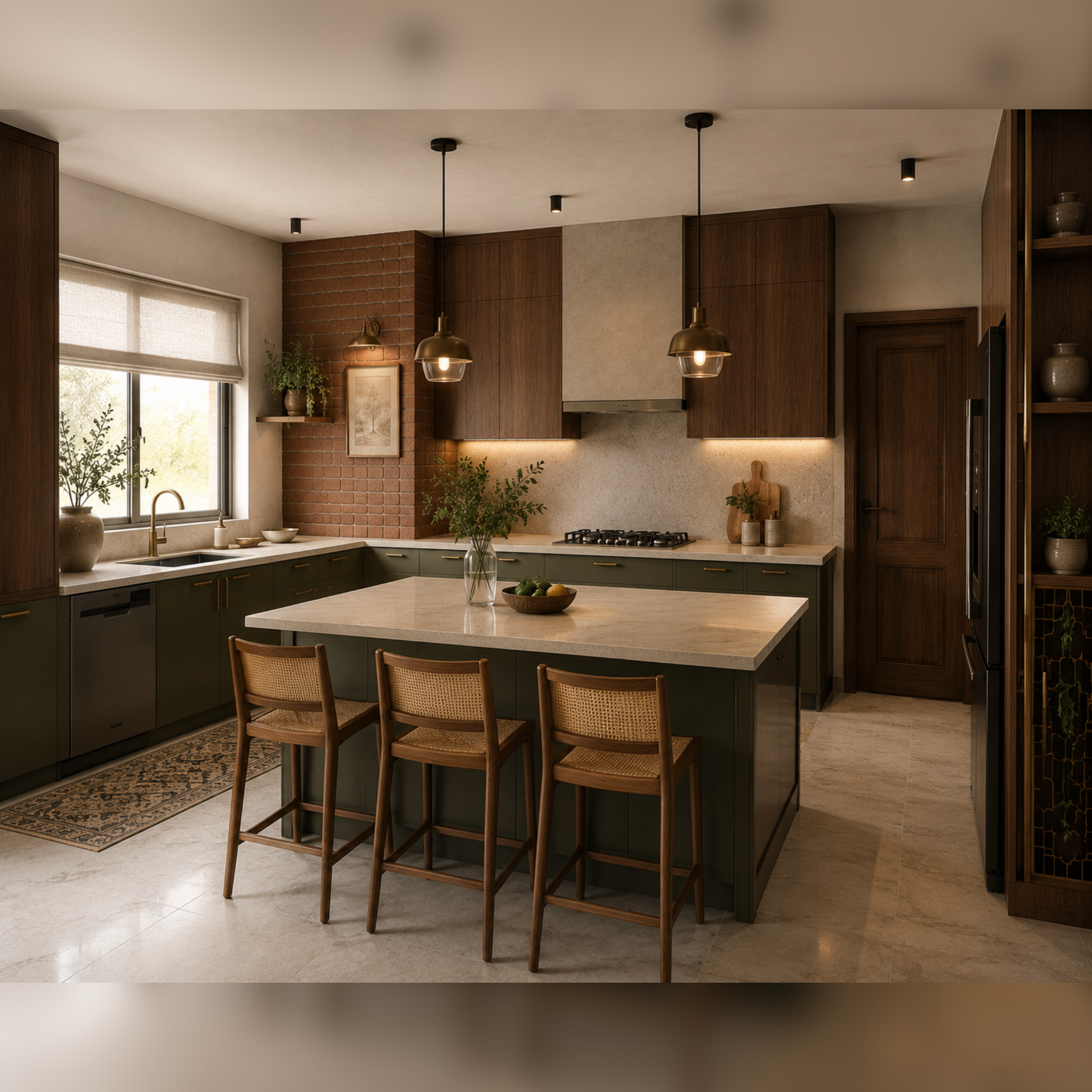 Modern kitchen with dark green lower cabinets, open shelving, wooden ceiling with black pendant lights, brick accent wall, large window with blinds, center island with a vase of green plants and fruit, beige tiled flooring.