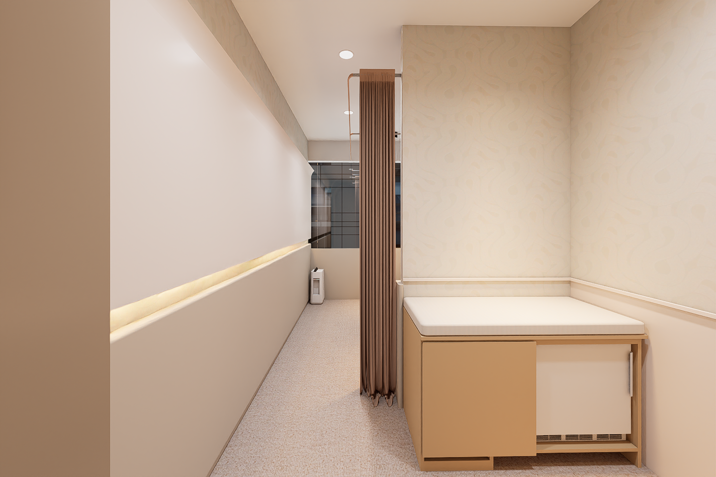 A minimalist silent room with a changing table, beige walls, and a privacy curtain dividing the space.