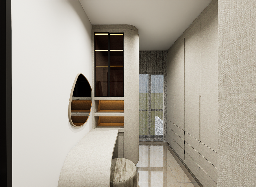 A modern entryway with built-in cabinets, a round mirror, and a small seating stool, with a door leading outside.