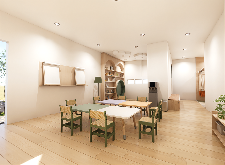 A modern, bright room with multiple tables and chairs, bookshelves, a standing lamp, a water dispenser, and small windows on the back wall.