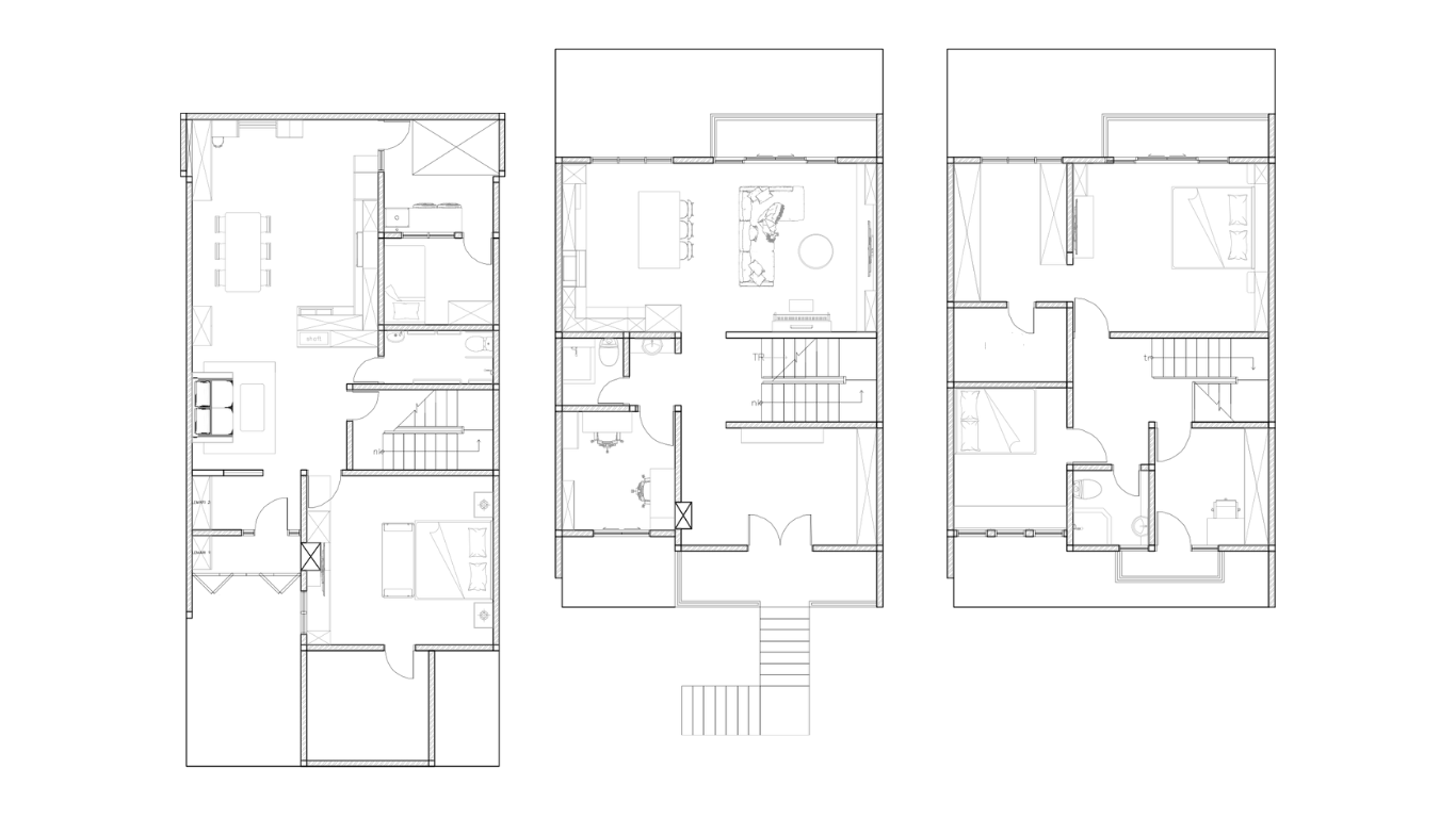 Floor plans of a multi-story house showing three levels with rooms including bedrooms, bathrooms, living areas, a kitchen, and dining space.