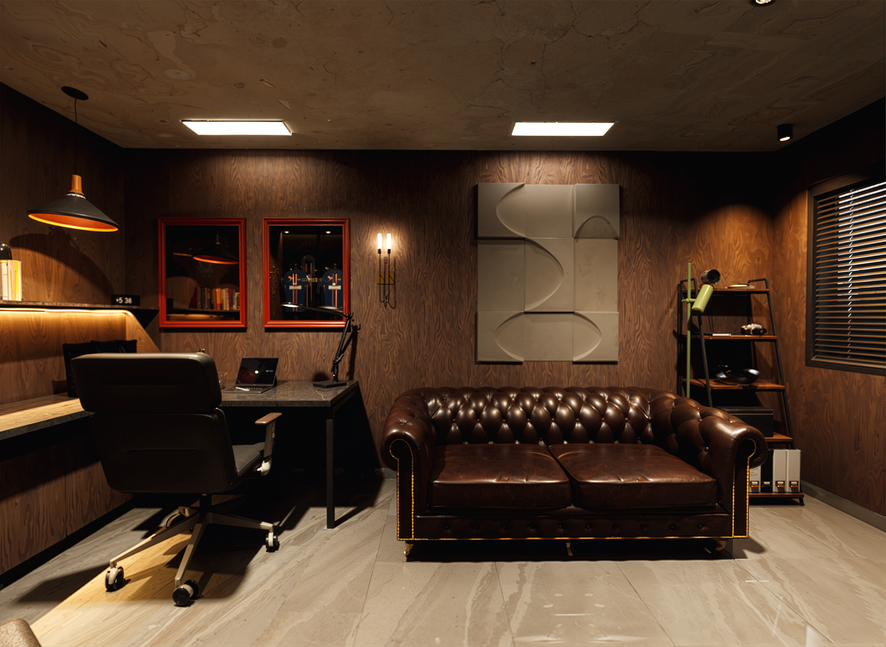 A modern home office with a wooden wall, a black desk, a black swivel chair, a brown leather tufted sofa, and decorative wall art.