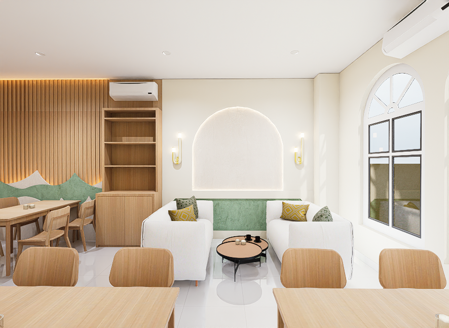 Modern living room with white sofa, cushions, wooden furniture, and large windows.
