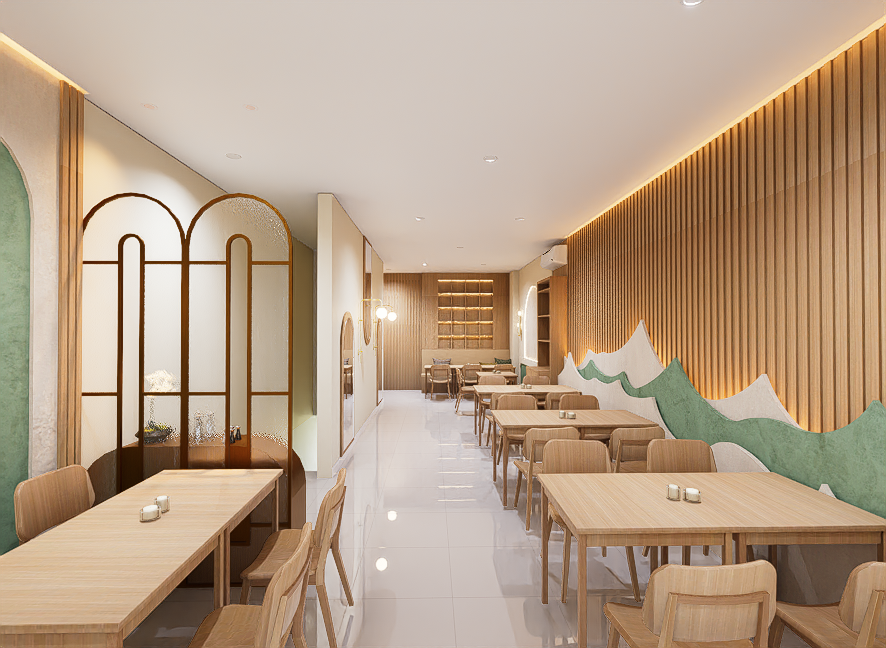 Modern restaurant with wooden tables and chairs, decorative wall panels, and green mountain-like wall art.