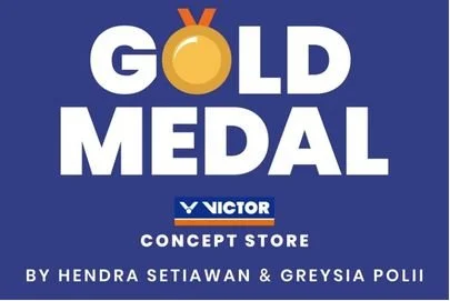 Graphic design with the words 'GOLD MEDAL' and a gold medal icon, including the VICTOR logo and the text 'CONCEPT STORE' by Hendra Setiawan & Greysia Polii.