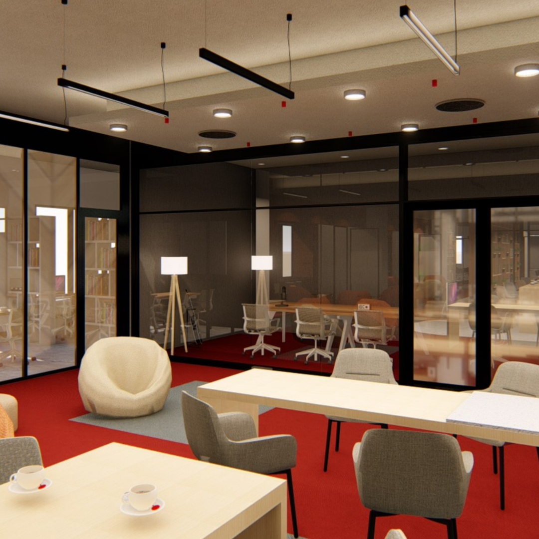 Modern cozy office with glass walls, multiple tables, and chairs, a beige bean bag chair, and a standing lamps. Cups of coffee on the tables.