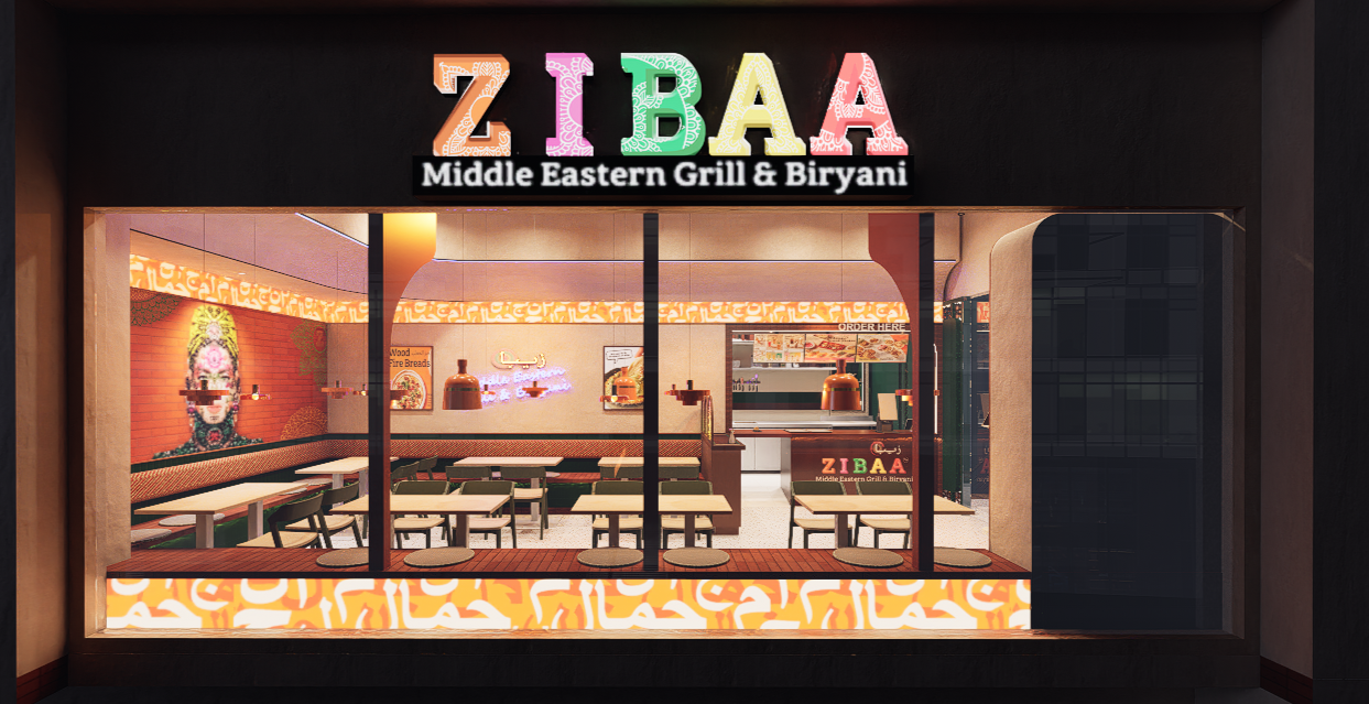 Front view of a Middle Eastern grill and biryani restaurant named ZIBAA with colorful signage and interior seating.