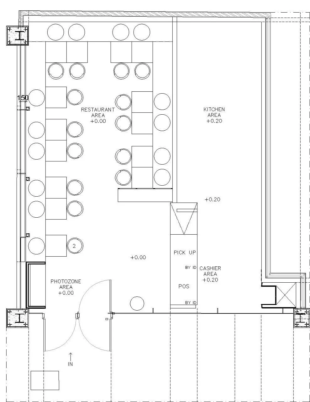 Floor plan of a restaurant layout showing dining area, kitchen, photo zone, cashier, and pickup stations with seating arrangements.
