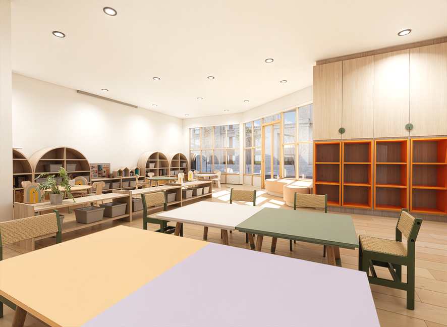 Bright, modern classroom or library with tables, chairs, built-in bookshelves, large windows, and natural lighting.