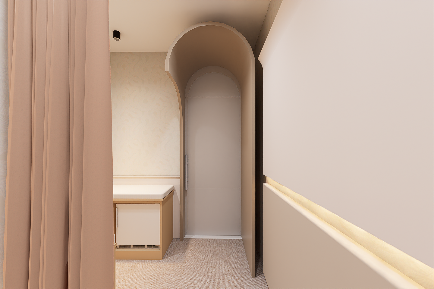 Empty hotel changing or fitting room with beige curtains, a bench, and a rounded doorway.