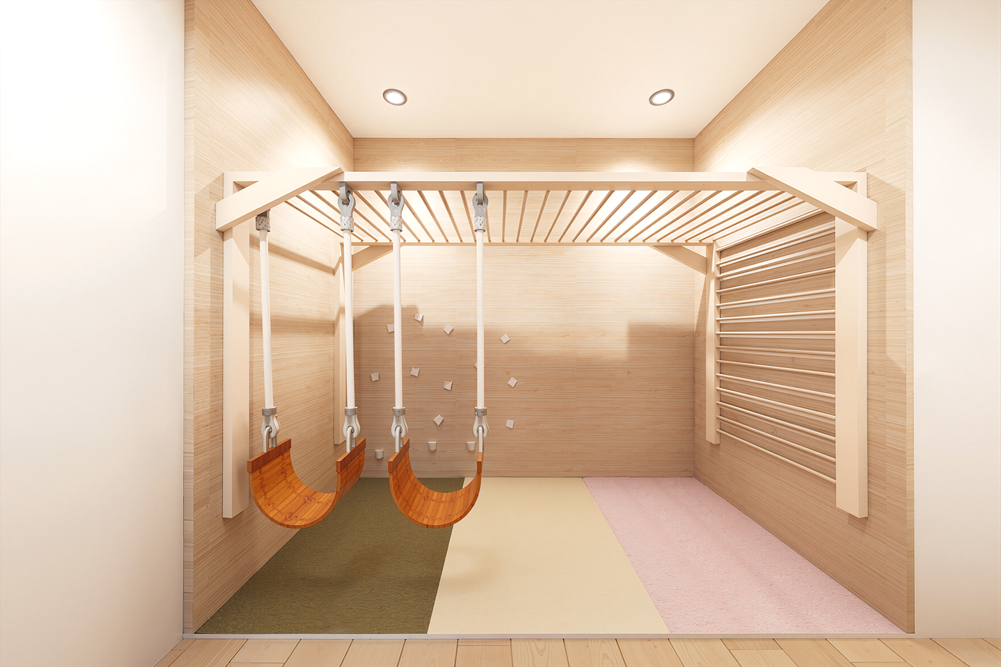 Children's indoor play area with swings, a climbing wall, and a wooden climbing frame, with a padded floor and light wood paneling.