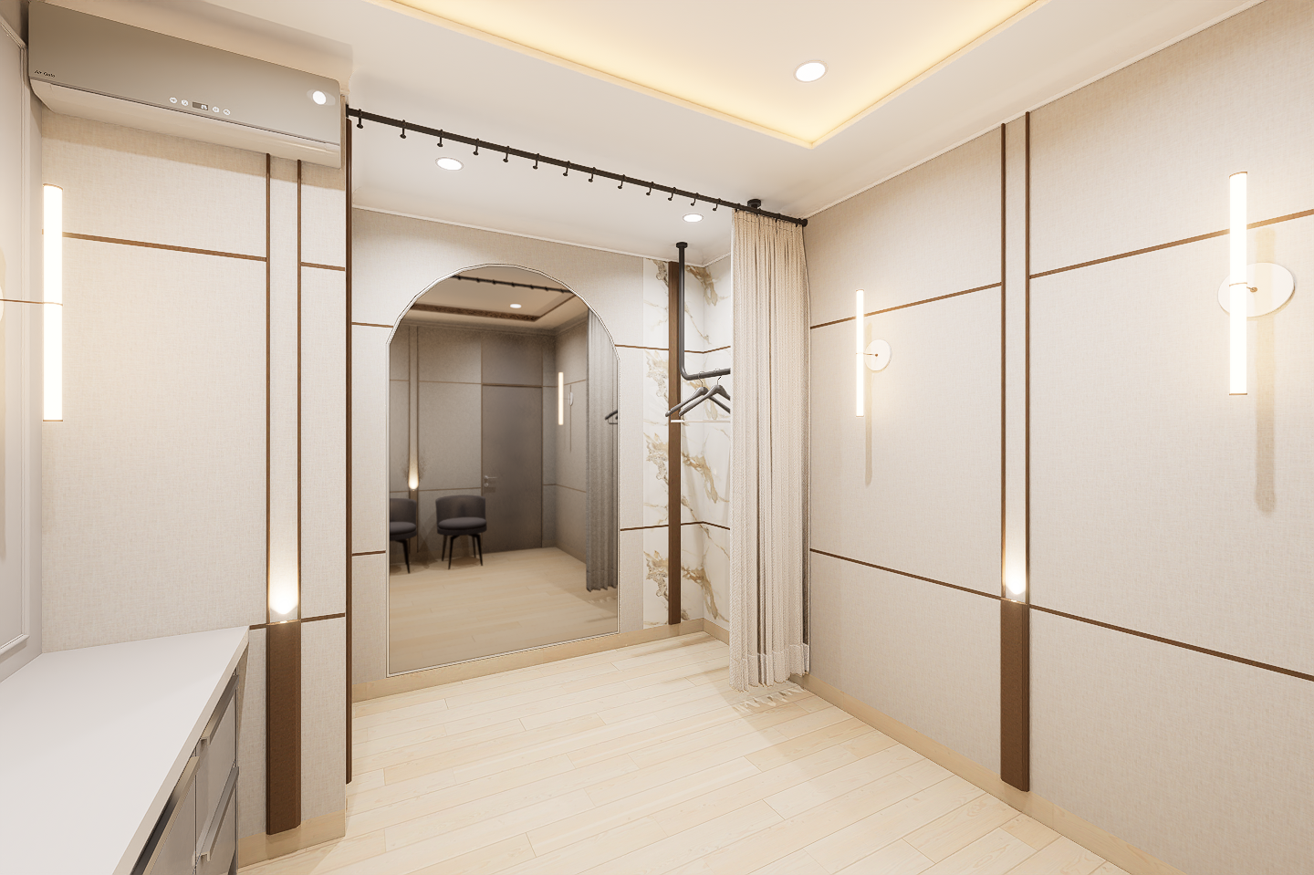 Minimalist interior room with beige walls, vertical light fixtures, a wall-mounted air conditioner, a mirror with an arched top, a curtain, and two chairs in an adjacent space.