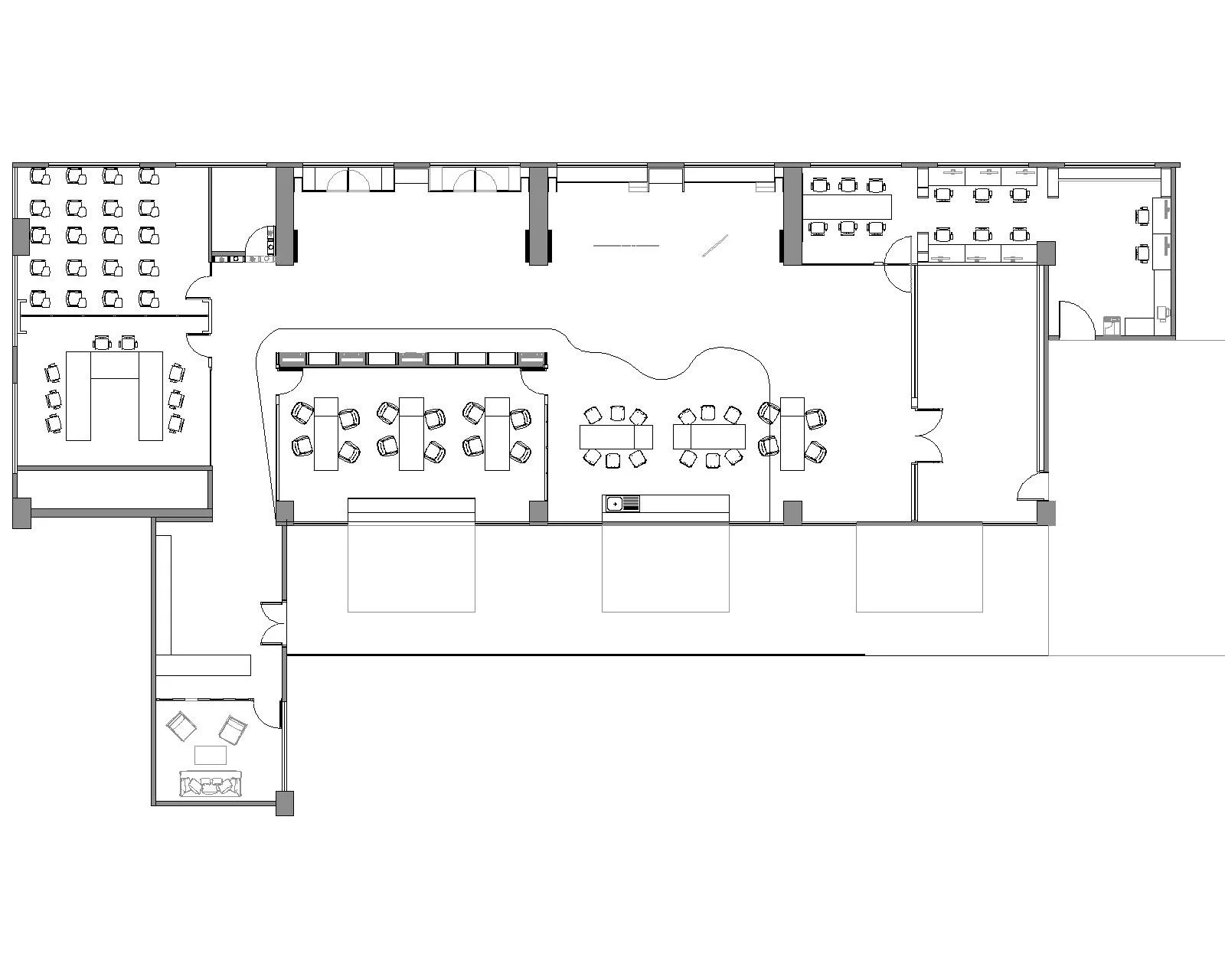 Floor plan of an office space with multiple meeting rooms, open work areas, private offices, kitchen, and lounge.