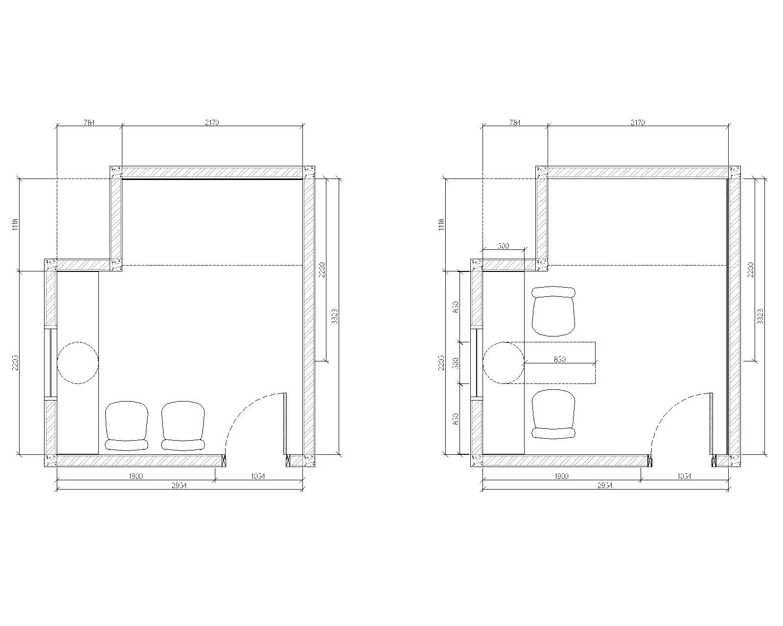 Architectural floor plan of a small room, showing two different layouts with dimensions, doors, chairs, and a circular table.