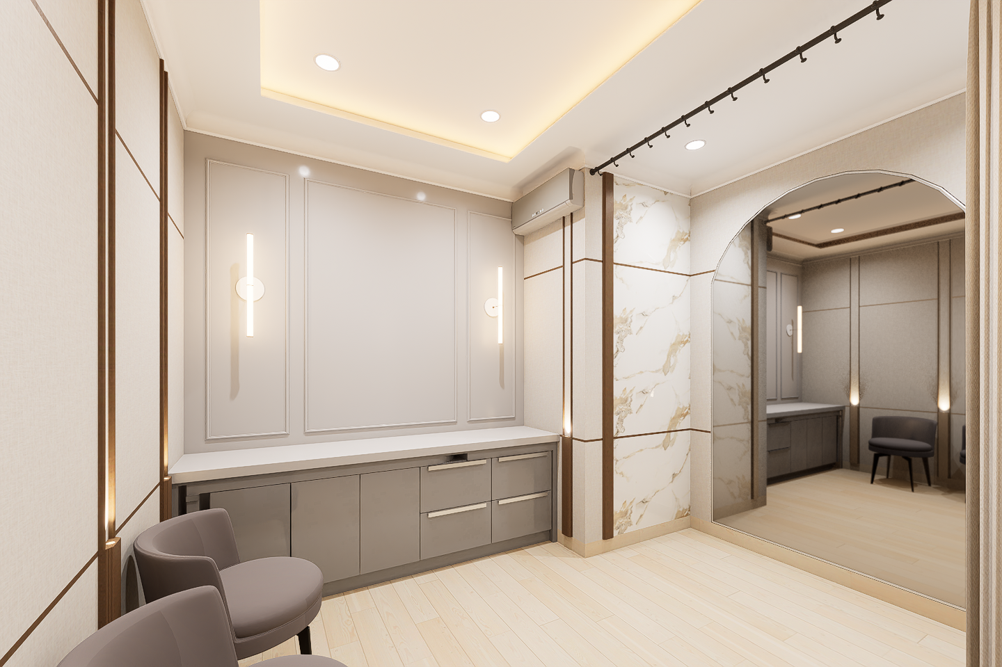 Interior of a modern room with light-colored walls, ceiling lighting, a mirror, and chairs.