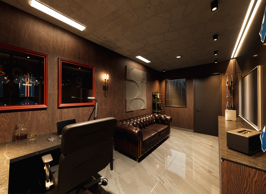 Interior of a modern office or studio with wood-paneled walls, a leather sofa, a desk with office chair, a window with blinds, abstract wall art, and a door.