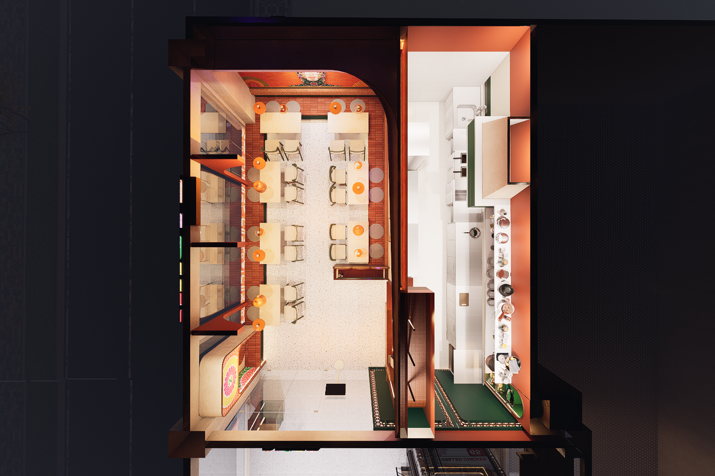 Top-down view of a restaurant interior with seating, dining tables, and kitchen area.
