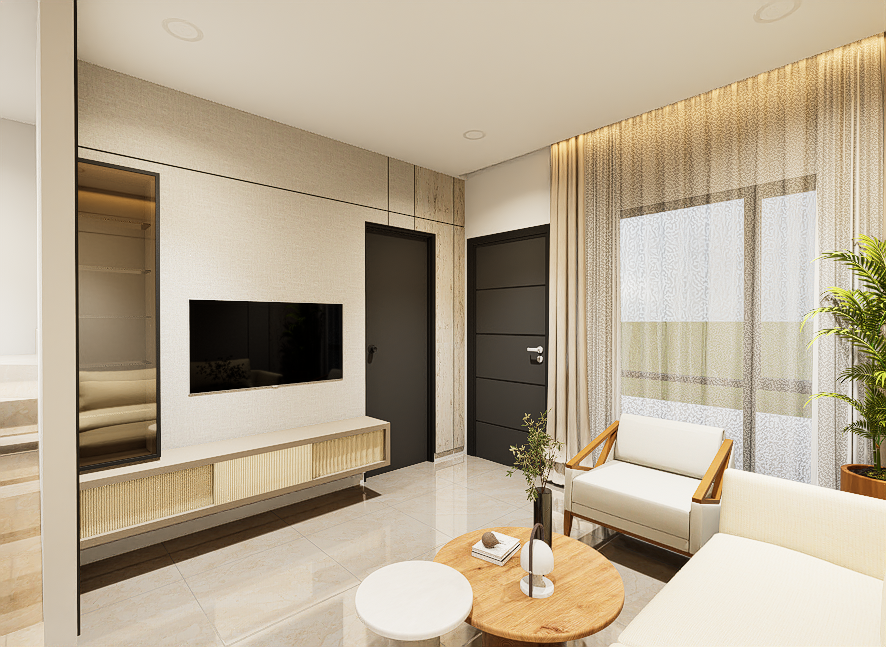 Modern living room with a flat-screen TV, beige walls, black door, large window with sheer curtains, and white furniture.