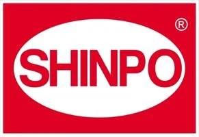 Red background with white oval containing the word "SHINPO" in bold red letters.