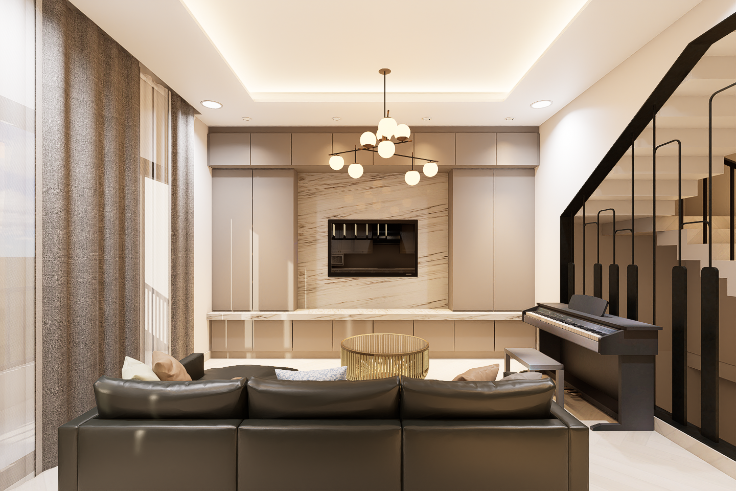 Modern living room with a black leather sofa, a digital piano, central coffee table, and a TV mounted on a marble accent wall. Ceiling with recessed lighting and a contemporary chandelier.