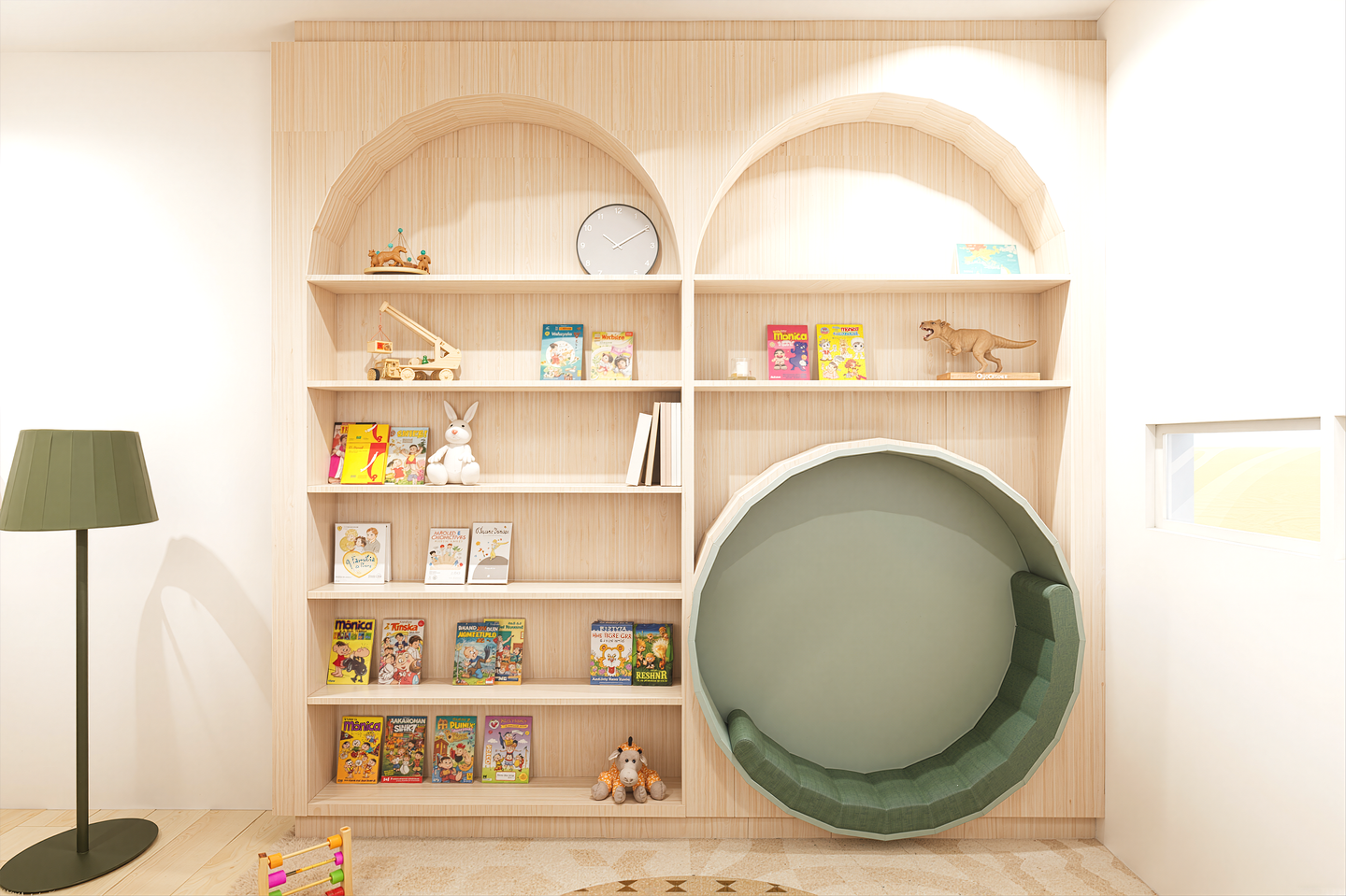 A nursery room with a built-in bookshelf with arched tops, filled with children's books, toys, and decorative items. There is a green, round, pod-shaped seating area built into the bookshelf. A green floor lamp with a black base is on the left side, 