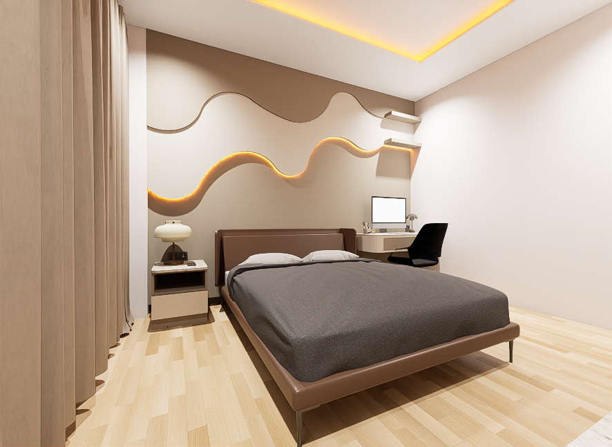 Modern bedroom with a brown bed, gray bedding, a bedside table with a lamp, a wall-mounted decorative element, a desk with a monitor, and a black office chair. Light wood floor and a beige curtain.
