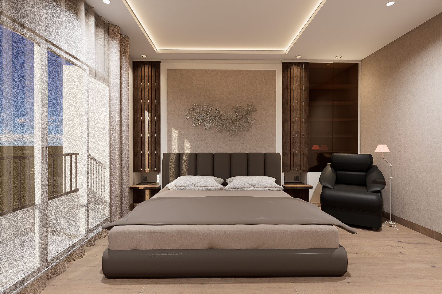 Modern bedroom with a large bed, dark headboard, beige bedspread, and pillows. Floor-to-ceiling windows with sheer curtains, facing a balcony. A black lounge chair and floor lamp with a pink shade are to the right. Minimalist wall art above the bed, 