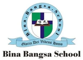 Logo of Bina Bangsa School featuring a blue circle with the school's name, a shield with green and white colors, and a banner with the Latin phrase 'Gloria Dei Vobens Homo'.