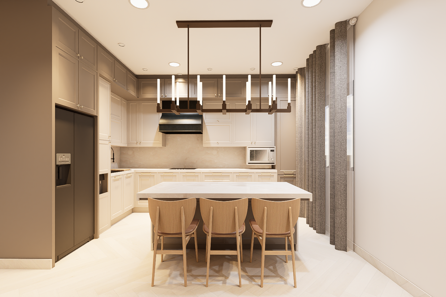 Modern kitchen with beige cabinetry, a central island with a white countertop, wooden chairs, a row of pendant lights hanging from the ceiling, and a window with gray curtains.