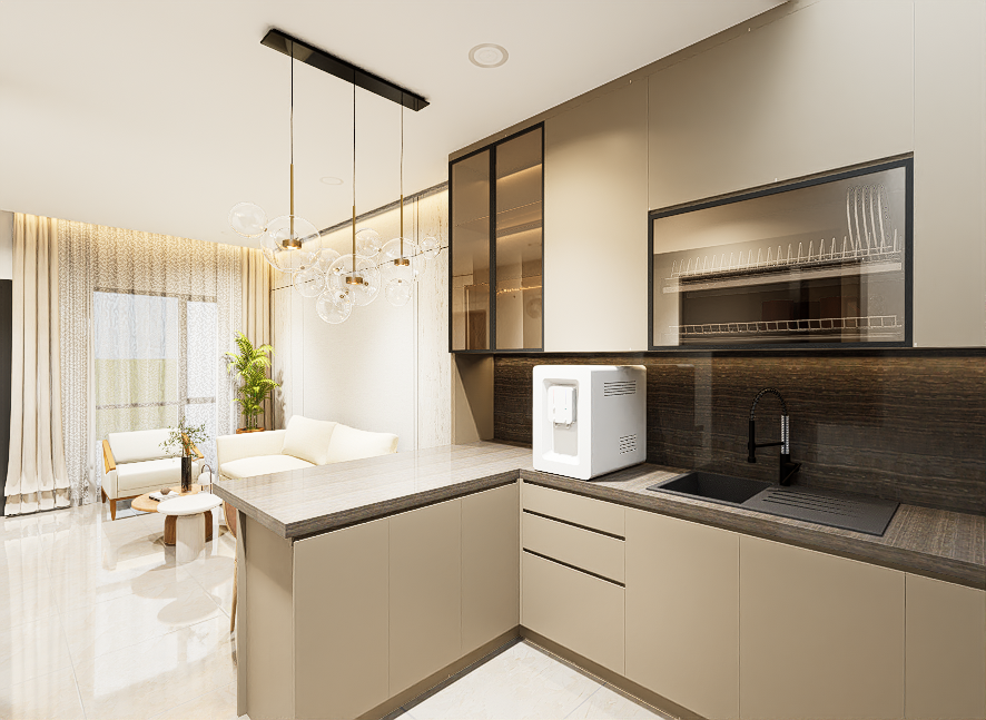 Modern kitchen with a white countertop, black sink, and a water dispenser, open to a living room with a white sofa, curtains, and a large window.