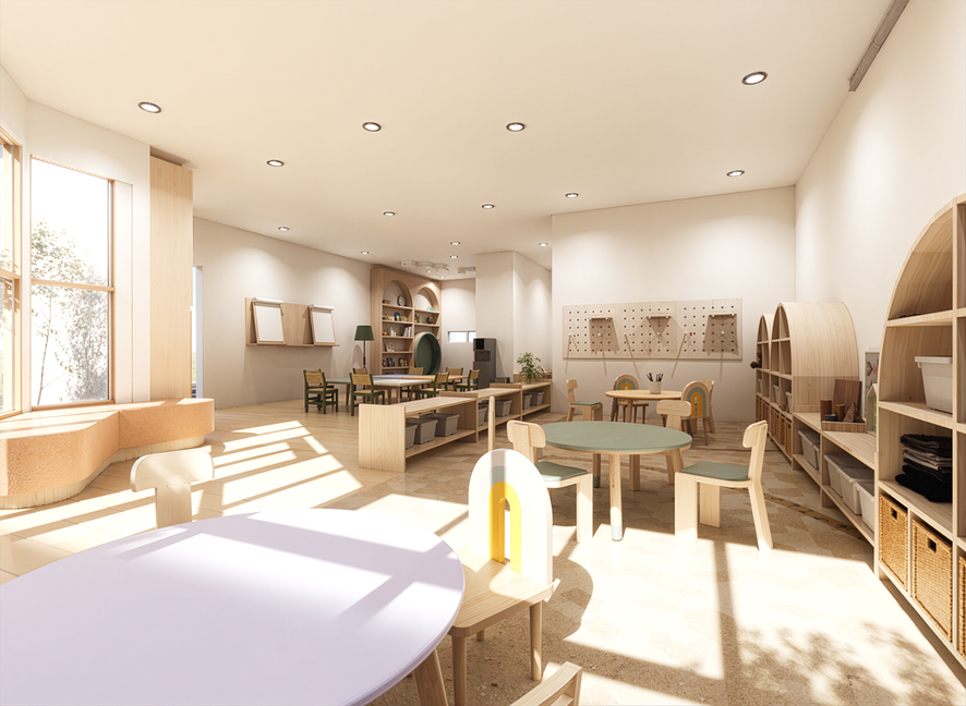 Bright, modern children's playroom with natural wood furniture, circular tables, and large windows letting in sunlight.