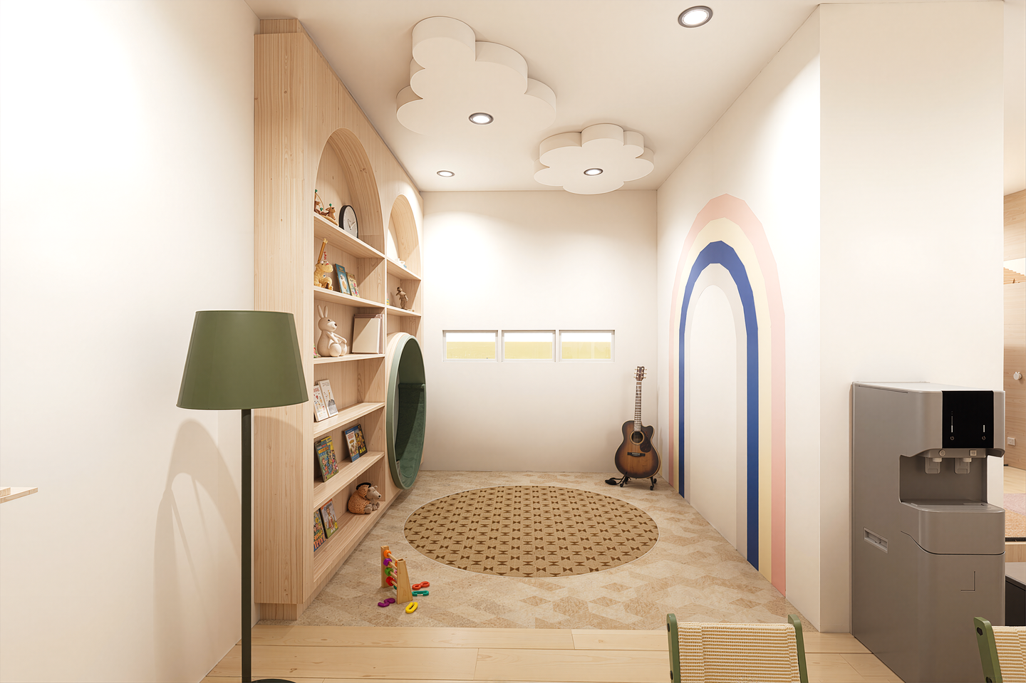 A children's playroom with a built-in wooden bookshelf, rainbow wall art, a guitar, a water dispenser, and toys on the floor.