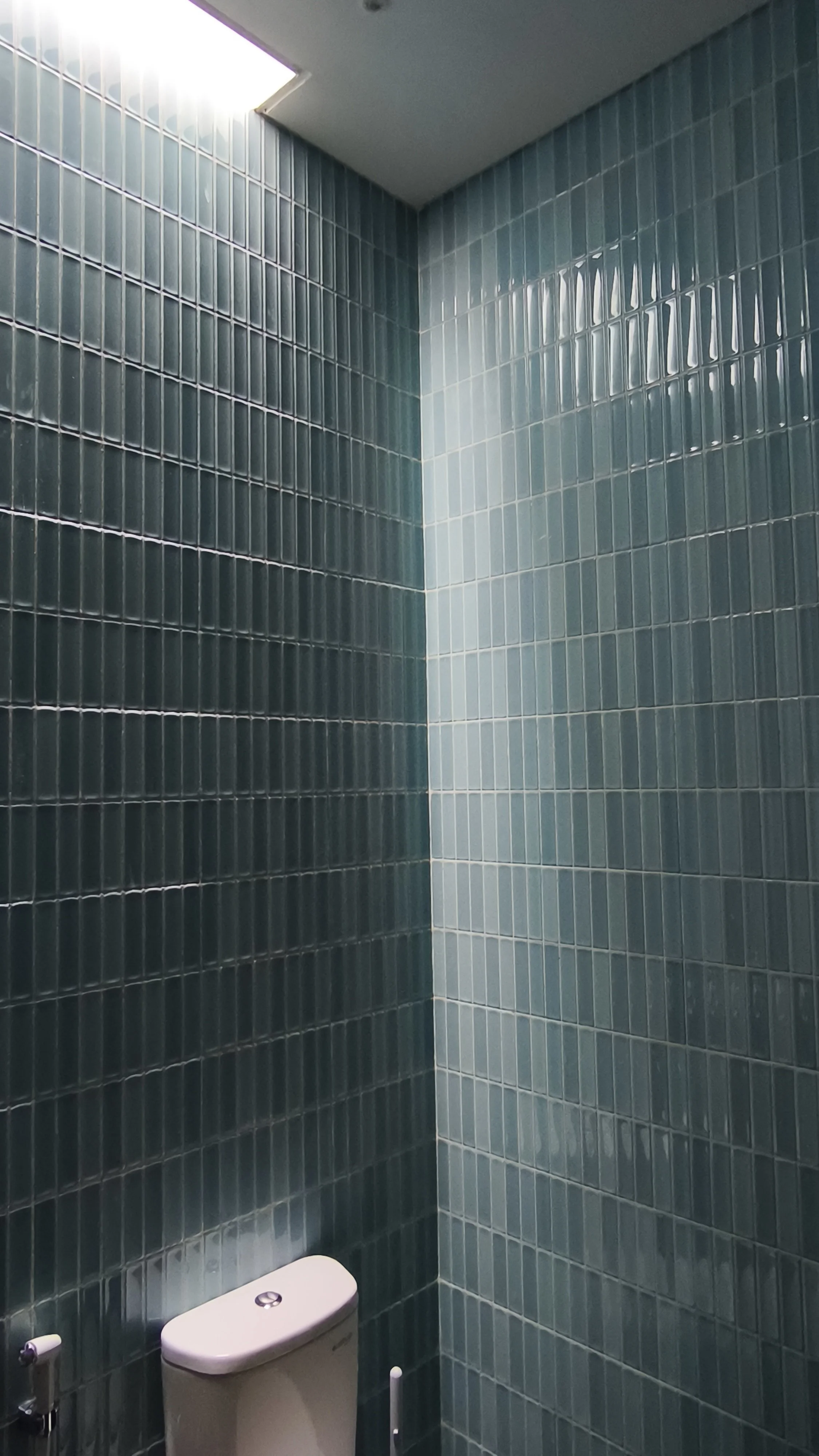 A corner of a bathroom with dark teal tiled walls, a white toilet, and ceiling lighting.