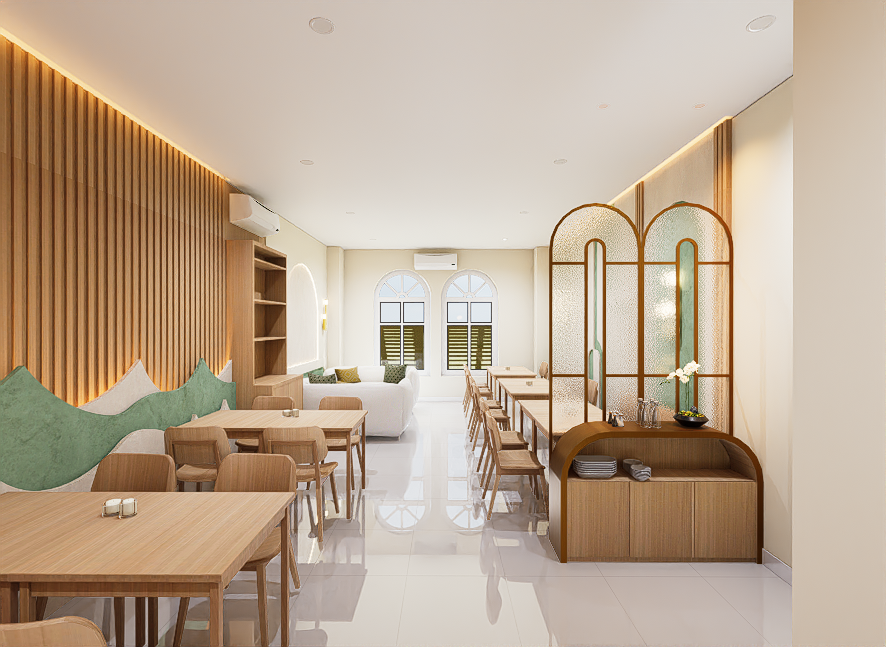 Modern dining area with wooden tables and chairs, a decorative wooden partition, and white sofas near arched windows in a bright, minimalistic space.