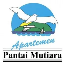 Logo featuring a seagull flying over a green hill with a staircase, a sailboat on water, and a large blue circle background. The text reads "Apartemen Pantai Mutiara."