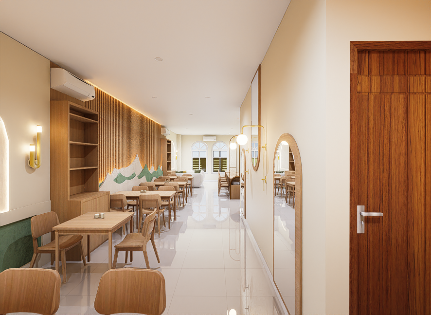 Interior of a modern cafe or restaurant with wooden tables and chairs, decorative wall accents, mirrors, and large windows at the back allowing natural light.